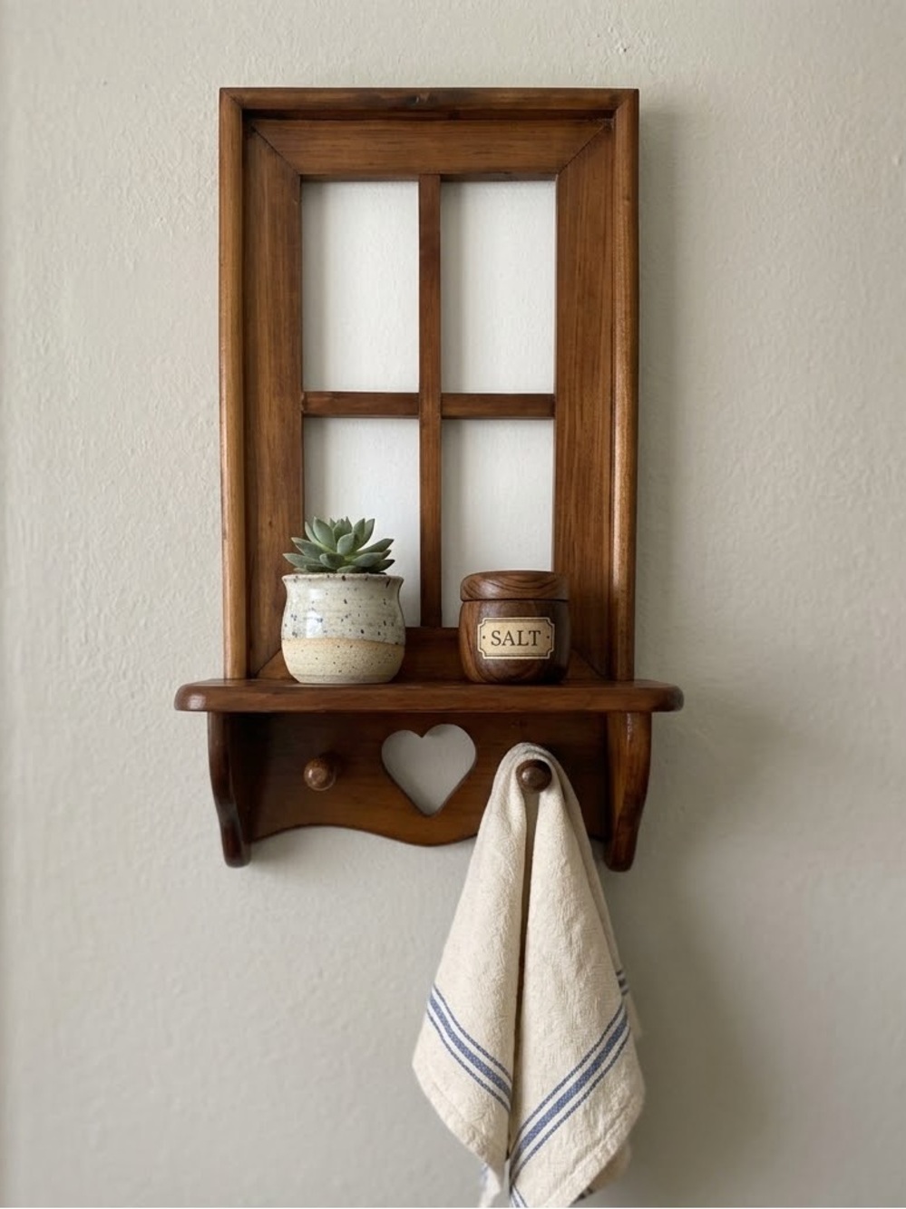 Darling Wooden Heart Window Wall Shelf with two Shaker Pegs